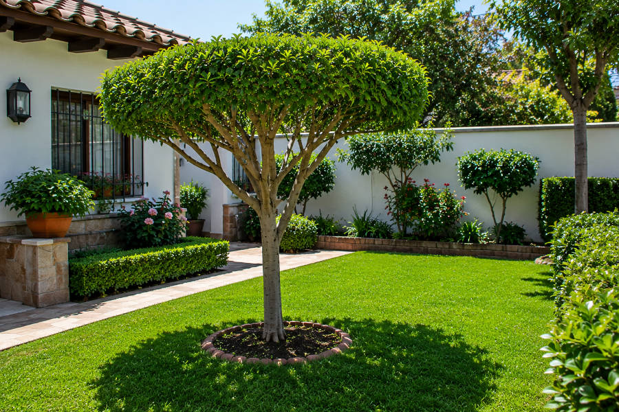 Um belo jardim numa moradia unifamiliar, com uma árvore bem cuidada no centro