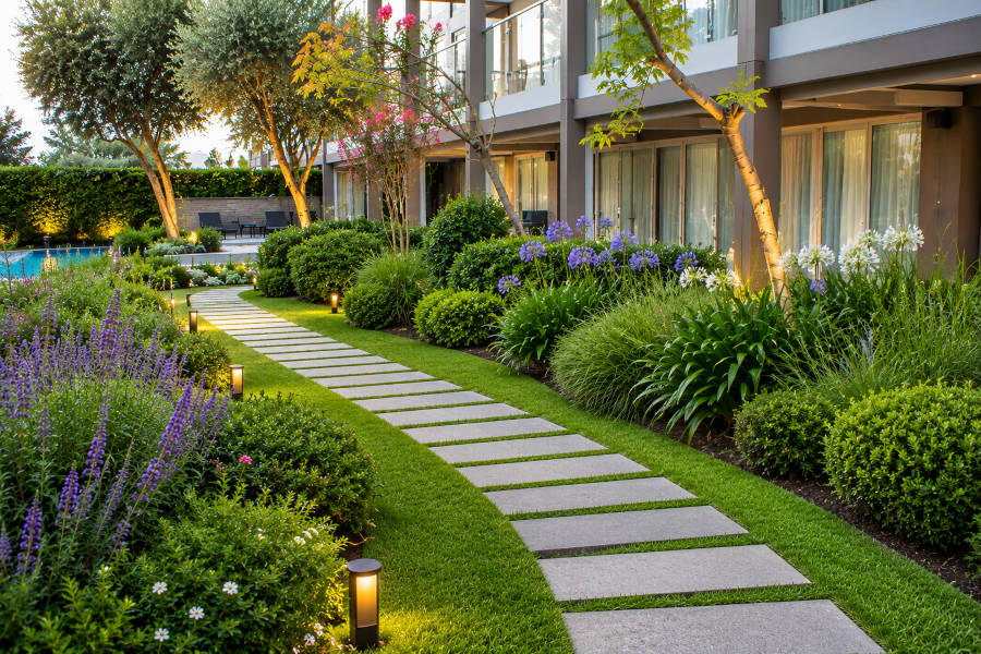Um jardim bonito, com as luzes acesas, após os trabalhos de manutenção