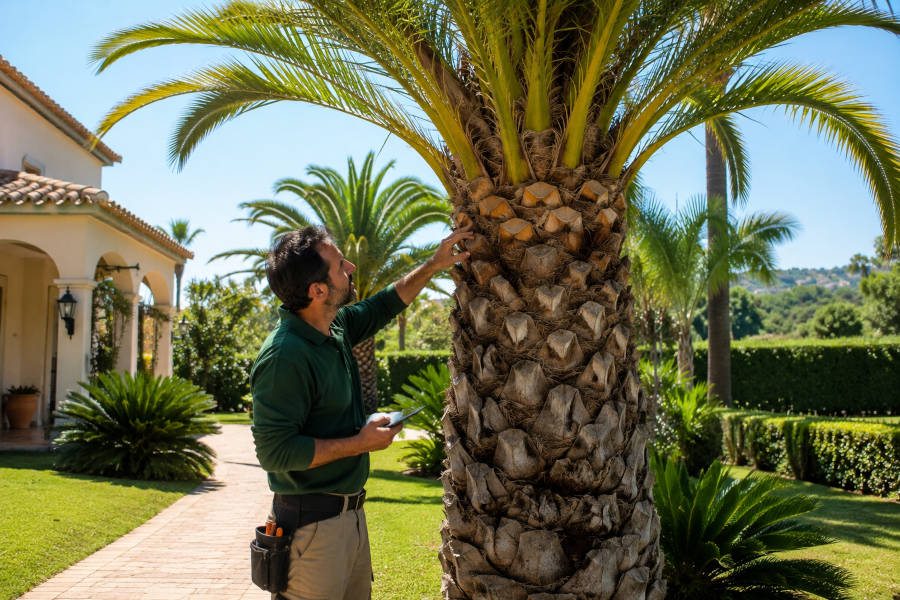 jardineiro examina uma palmeira em Portimão