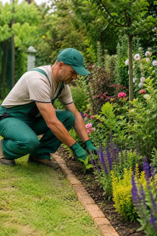 funcionário de uma empresa de jardinagem e paisagismo a cuidar de um jardim em portimão