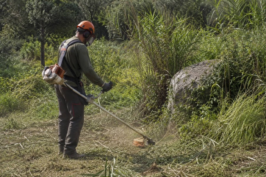 jardineiro a roçar um terreno baldio