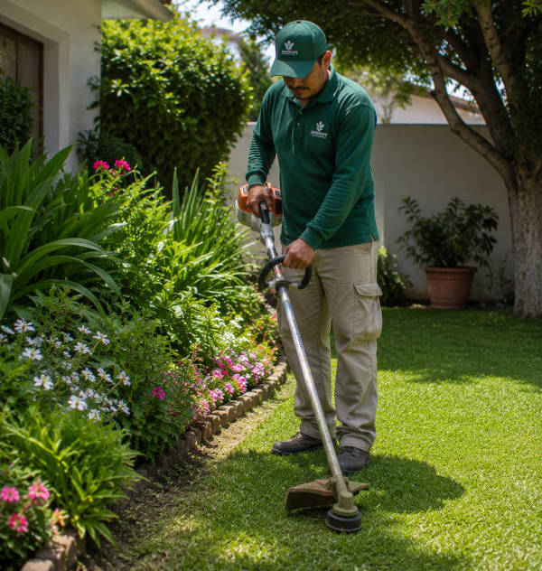 jardineiro da empresa «Jardineiros Deluxe Portimão» a cortar a relva