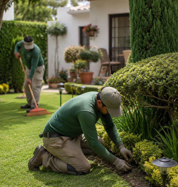 jardineiro da empresa «Jardineiros Deluxe Portimão» a cuidar de um jardim