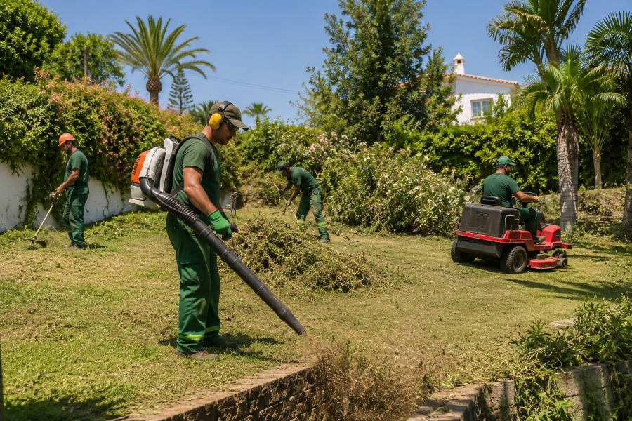 Um grupo de jardineiros realiza trabalhos de limpeza num terreno em Portimão