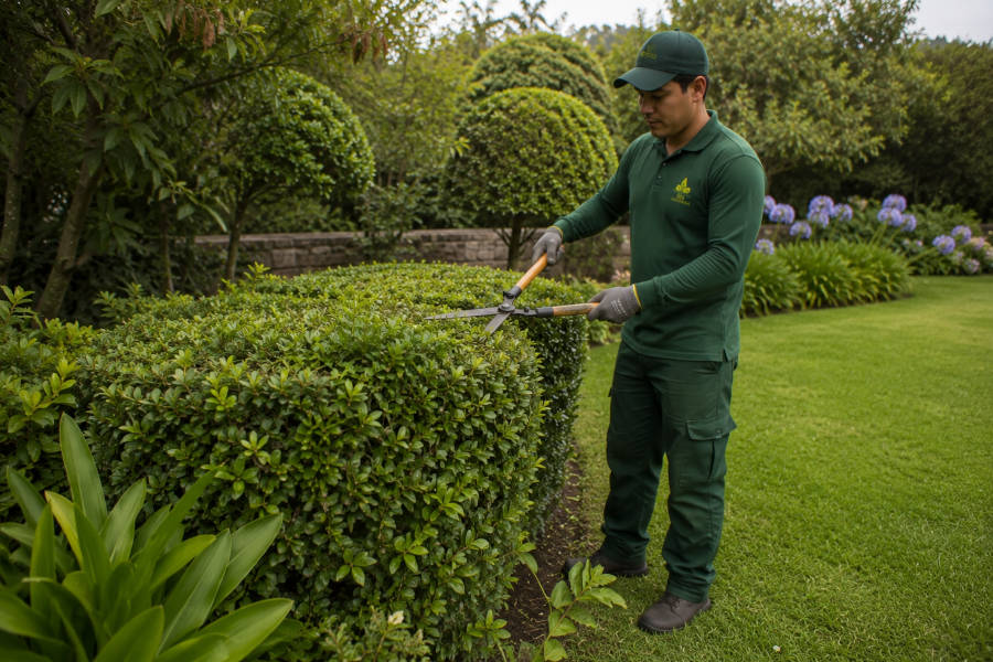 Um jardineiro poda um arbusto durante trabalhos de manutenção de jardins em Portimão