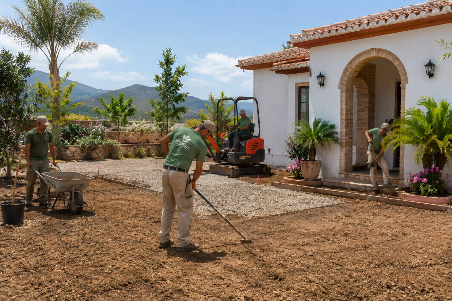 Dois jardineiros estão a trabalhar num novo jardim para uma casa